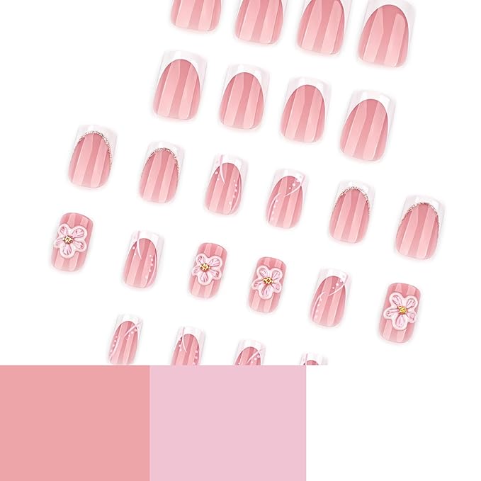 Square Press on Nails Short - White French Tip Fake Nails with Flower Design - Cute, Summer False Nails for Women 24 Pcs