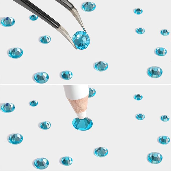 Beadsland Rhinestones for Makeup,8 Sizes 2500pcs Blue Flatback Rhinestones Face Gems for Nails Crafts with Tweezers and Wax Pencil,Aquamarine,SS4-SS30