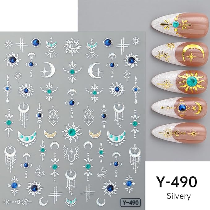 4 Sheets Boho Nail Stickers for Nail Art 5D Embossed Sun Moon Star Nail Decals Gold Silver Stickers with Bohemia Style Design,3D Self Adhesive Nail Art Supplies for Women,DIY Manicure Decor