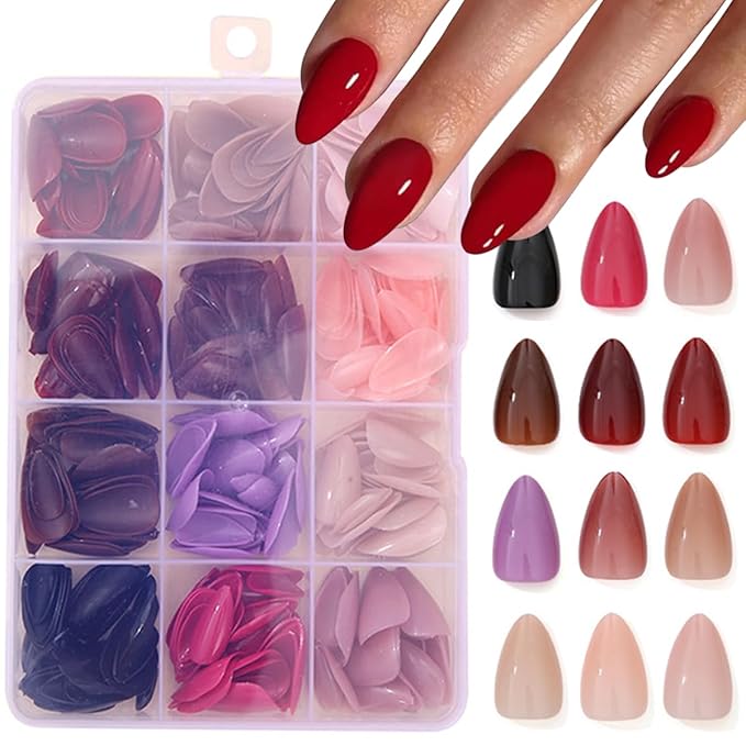 360Pcs Press On Nails Short Almond Fake Nails Press Ons Set Solid Color False Nails Full Cover Acrylic Glue on Nails Reusable Glossy Artificial Nail Kit for Women Girls Manicure 12 Color
