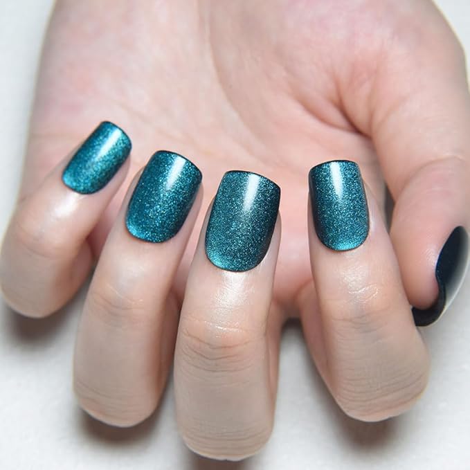 evpct Peacock Blue Cat Eye Press on Nails Short Square, Short Square Stick on Nail for Women Gift, Sapphire Blue Metallic Glitter Reusable Gel Press on Acrylic Fake Nail with Cat Eye Designs