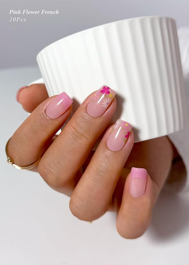 Semi Cured Gel Nail Strips (Pink Flower French), Summer, 20 Pcs Gel Nail Wraps, Stickers, UV Light Required, Salon Quality, Long Lasting