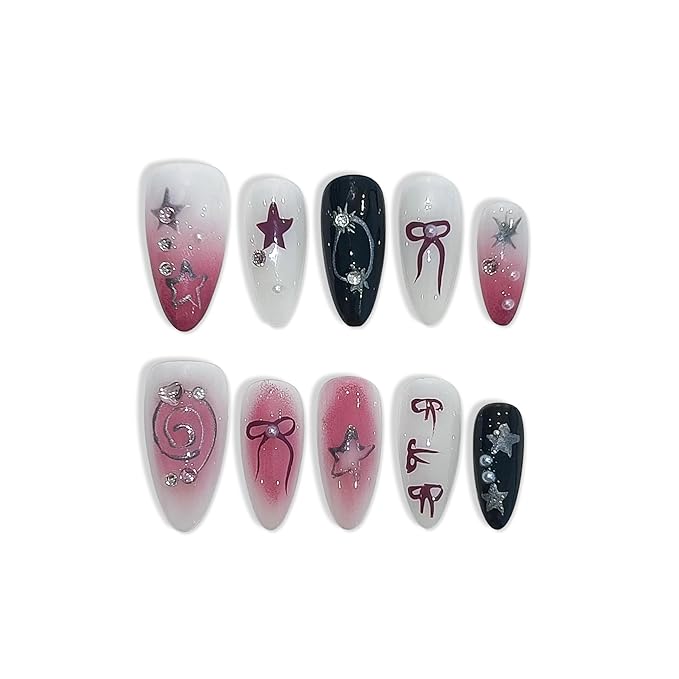 Hot Pink Press On Nails Almond Glitter Gradient White Black Almond Press on Nails Acrylic False Nails With Star Bow Designs 10pcs/Box Ballet Fake Nails Glue On For Women Girls(S)