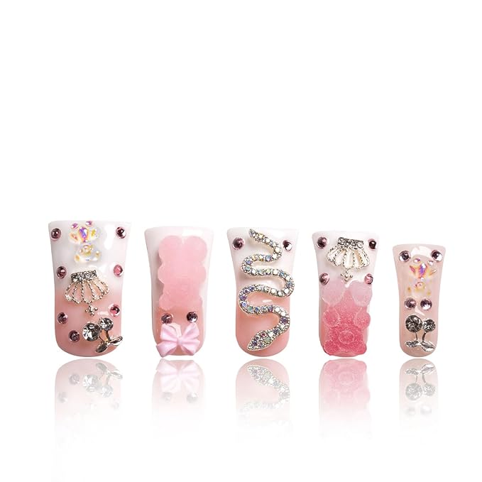 LOVFUL Press on Nails Marshmallo Gummy Bear Square | Handmade with Full Covered Crystals | Reusable Full Cover Nails | Duck Classic Regular 1.3 in | H26-S