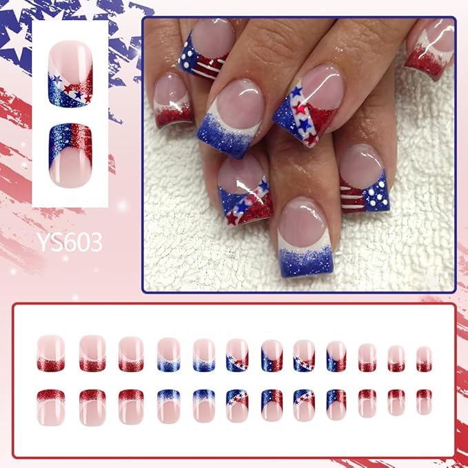Independence Day French Tip Press on Nails Short Square Fake Nails with Blue and Red Glitter Designs Stripe French False Nails Five-Pointed Star Stick on Nails for Women 4th of July
