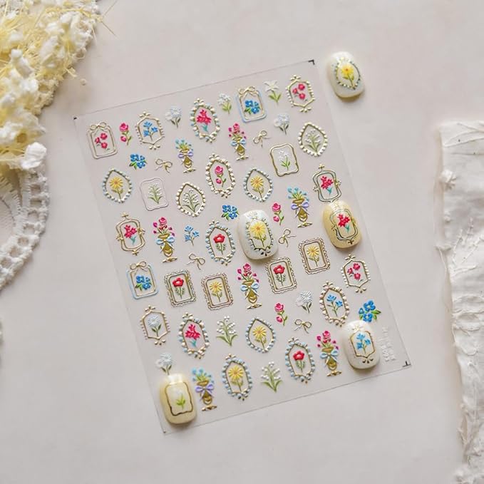 5D Embossed Flower Frame Nail Stickers Colorful Daisy Nail Designs 3D Self-Adhesive Floral Decals Summer Red Rose Bow Sunflower Nail Art Decoration for Women Girls DIY Manicure 1 Sheet