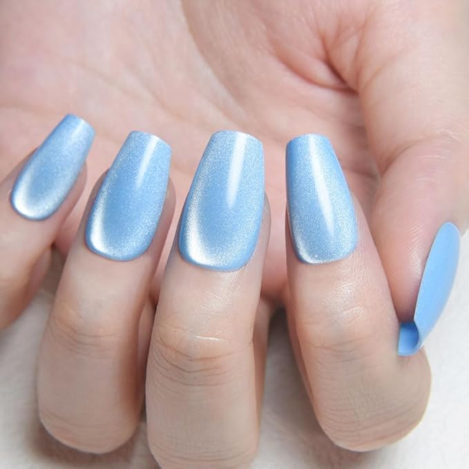evpct Sky Blue Cat Eye Coffin Press on Nails Square Medium, Medium Square Stick on Nail for Women Gift, Sky Blue Metallic Glitter Glossy Reusable Summer Soft Gel Press on Acrylic Fake Nail with Design