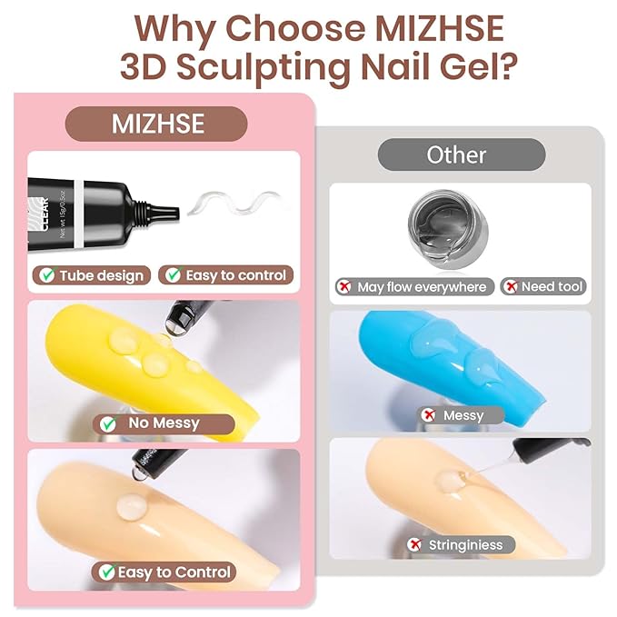 MIZHSE 3D Nail Gel and Chrome Nail Powder Kit, 15g Sculpting Gel Glue for Molding, Drawing, Charms & Gems, Chrome Powder, Rhinestone Design No Wipe Nail Polish for DIY Nail Art