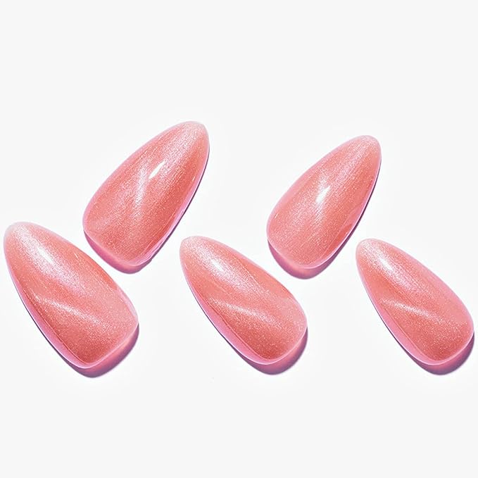 GLAMERMAID Pink Press on Nails Medium Almond, Hamdmade Cat Eyes Jelly Magnet Gel False Nals, Stiletto Shrimmer Glue on Nails Kit for Women, Reusable Short Oval Stick on Acrylic Fake Nails Manicure Set