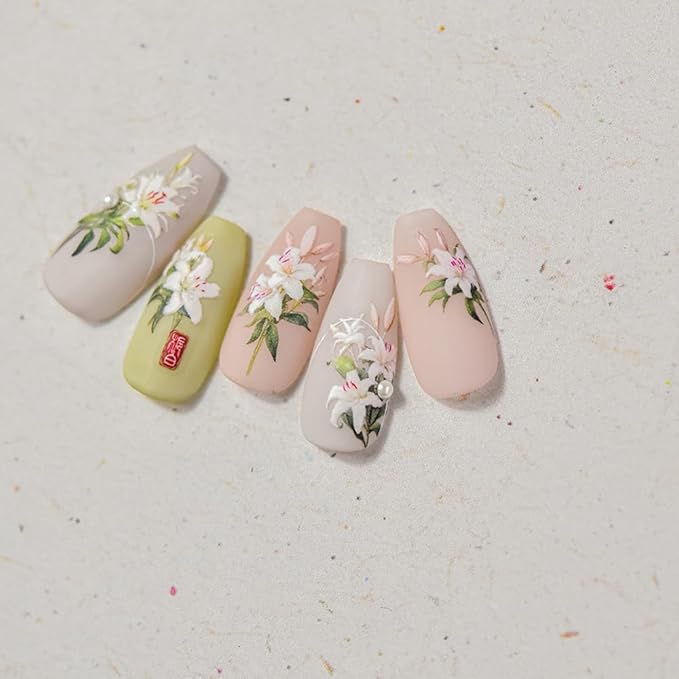 5D Embossed Spring Floral Nail Art Stickers, Lily Design with Elegant Effect for Valentine's Day