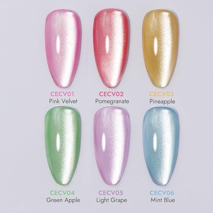 VARNAIL Candy Velvet Cat Eye Gel Polish Kit 6 Colors, Glitter 9D Holographic Gel Polish with Magnet, Soak off U V Light Gel Nail Polish Set15 ml/Bottle, Salon Quality Magnetic Gel Nail Polish