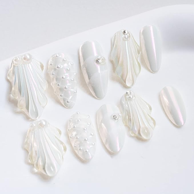 Sun&Beam Nails Handmade Press On Nail Medium Long Almond Oval Pink White Pearl Shell Fake Tip 3D Design Art Charms Cute with Storage Box 10 Pcs (White-S)