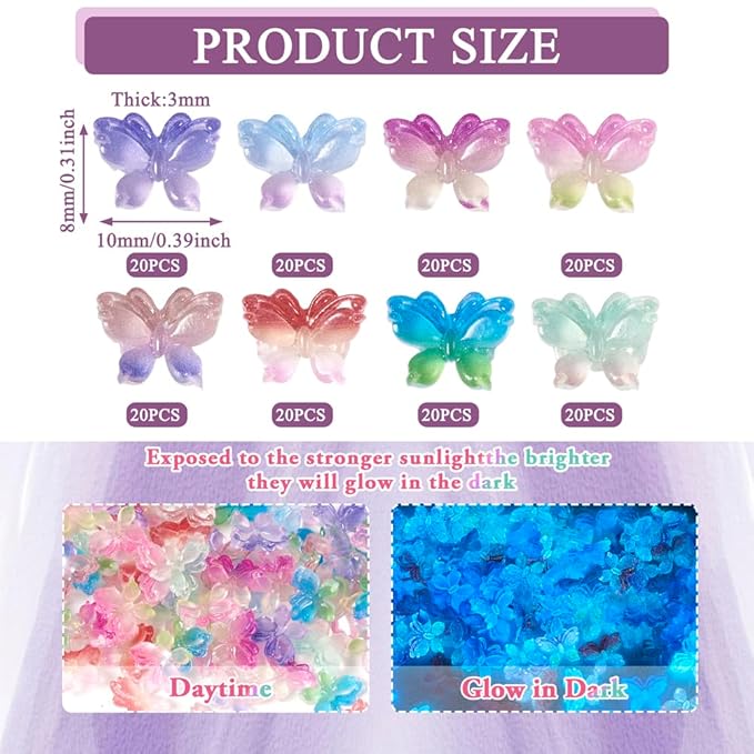 KISSITTY 120Pcs Glow in The Dark 3D Butterfly Resin Cabochons for Nail Art Butterfly Nail Charms Mixed Color Luminous DIY Craft Decorations