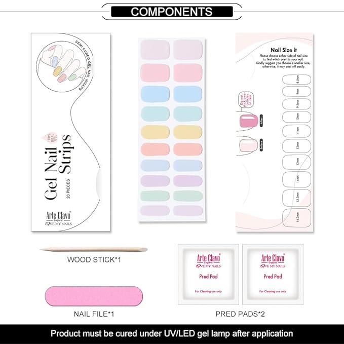 Arte Clavo Semi Cured Gel Nail Strips, 20 Pcs Gel Nail Stickers with UV Light Required, Salon Quality, Long Lasting, Easy Apply and Remove (Macaron)