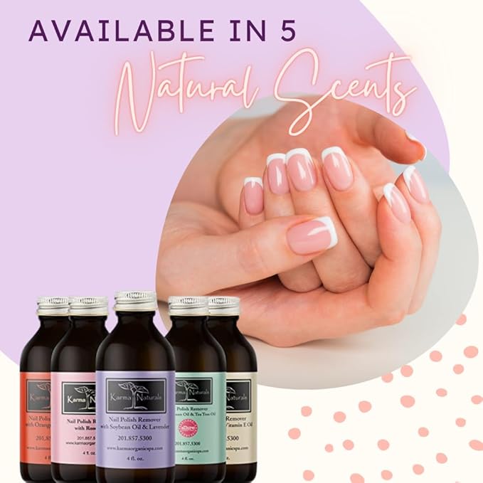 Karma Organic Nail Polish Remover with Soybean Oil and Lavender Oil- Non Toxic, Vegan, Cruelty Free, Acetone Free – Nails Strengthener for Fingernails – 4 fl. Oz