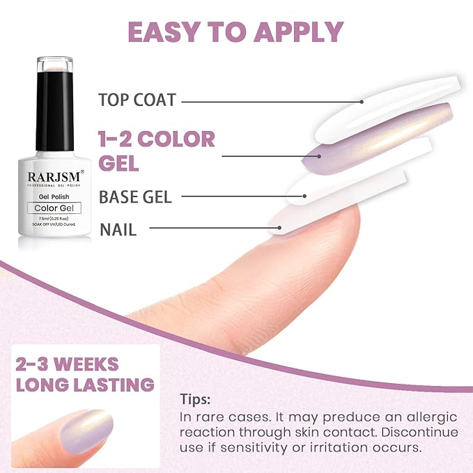 RARJSM Pearl Gel Nail Polish Lavender Purple Pearlescent Shell Gold Glitter Shimmer Mermaid Iridescent Nail Gel Polish Soak Off LED UV Curing Requires Swirl Thread Effect DIY Manicure Use 7.5ML