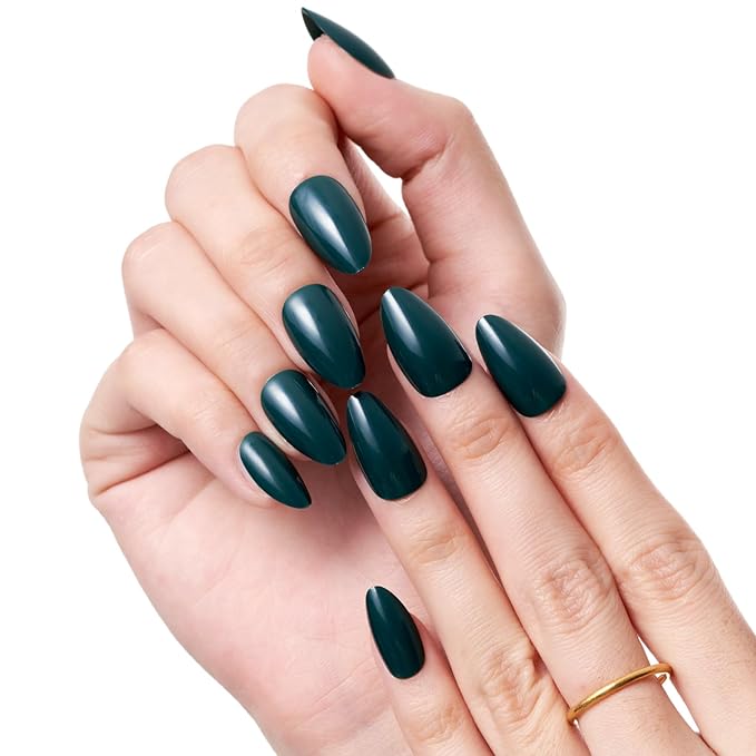 GLAMERMAID Dark Green Press On Nails Short Almond, Pure Deep Green Handmade Soft Jelly Gel Fake Nails, Glossy Round Oval Stick Glue on Nails Manicure Kit for Women, Reusable Acrylic False Nail Set