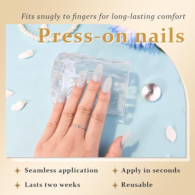 evpct Spring & Summer Press on Nails Medium Almond, Pearl White Blue Fake Nails Press ons 3D Lemon Design, Light Weight Perfectly Fit Fake Nails for Women, Fake Nail Kit with Kits Gel, 24Pcs