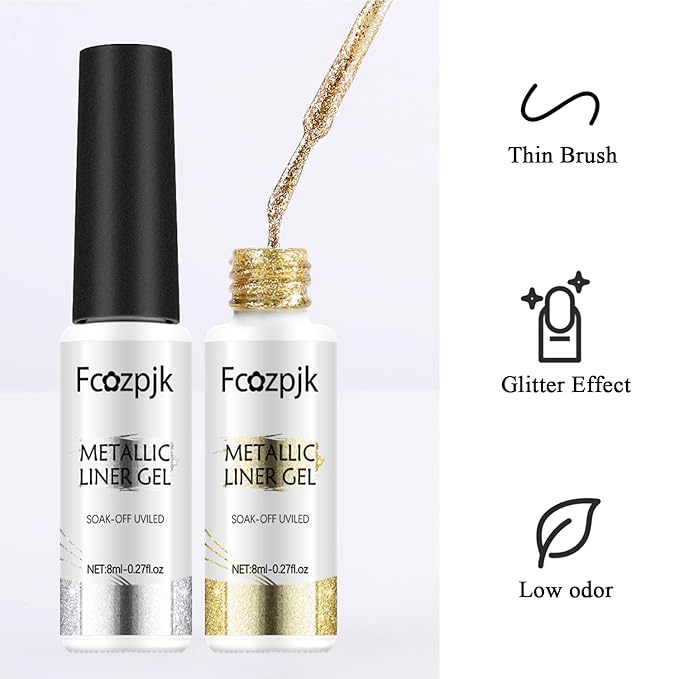 Gel Liner Art Set 2PCS Sparkle Glitter Silver Gold Gel Polish 8ml Soak Off UV Painting with Built in Thin Nail Brush Swirl Nails Design Dotting Drawing French Manicure Tip Tool