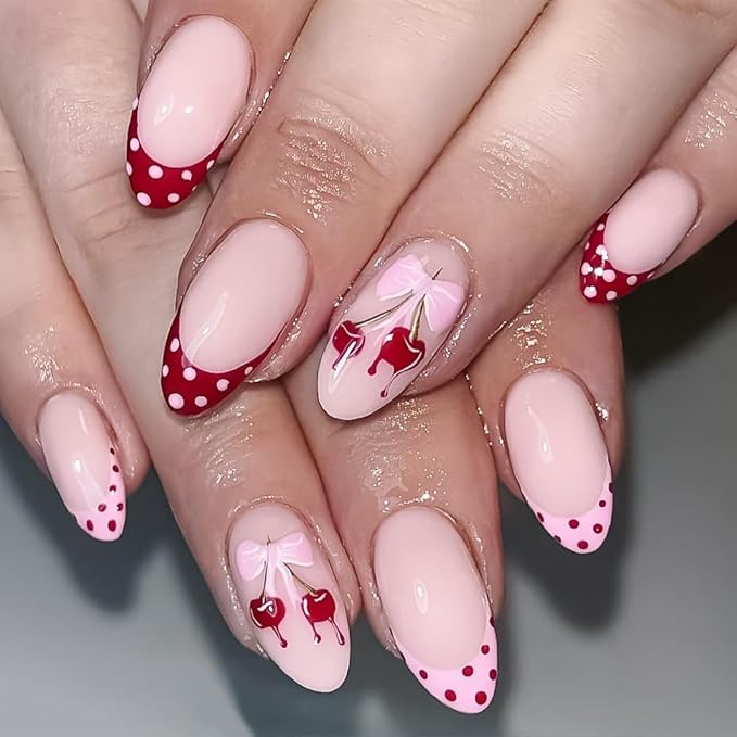 French Tip Press on Nails Almond - Medium Fake Nails with Cherry Polka Dot Design - Pink Red False Nails Press ons - for Women 24 Pcs
