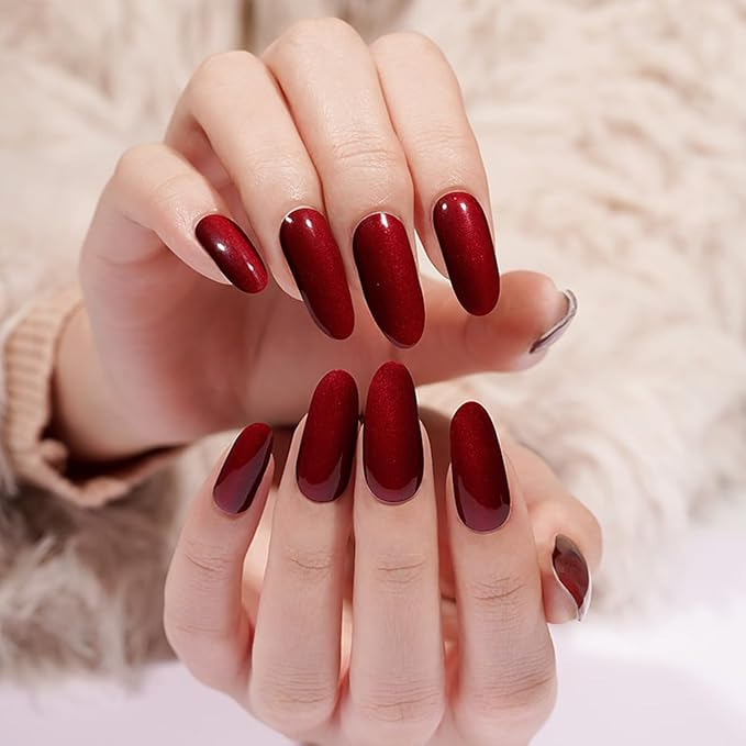 Semi Cured Gel Nail Strips - 20Pcs Burgundy UV Gel Nail Wraps with Wine Red Design, Long Lasting Salon-Quality Stickers, Includes Nails File & Wooden Stick - UV/LED Lamp Required