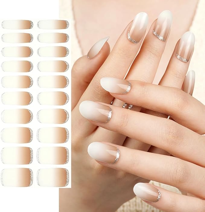 Semi Cured Gel Nail Strips 20 Pcs Gradient Brown Gel Nail Wraps,Salon Quality UV Light Required Nail Art Design Decoration Accessories