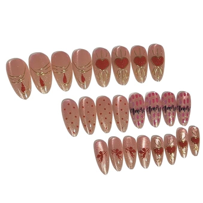 Valentines Nails Press Ons - Valentines Press On Nails Almond Medium Pink Fake Nail With Gilded Heart Cat-Eye Designs Acrylic Artificial Glue On False Stick On Nails for Women Girls