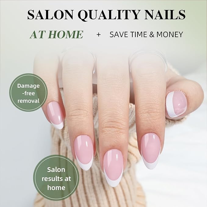 White French Tip Press On Nails - Pink Short Almond Fake Nails, White Press On Nails Reusable Stick On Nails in 16 Sizes, 32pcs False Nail Kit for Women & Girls