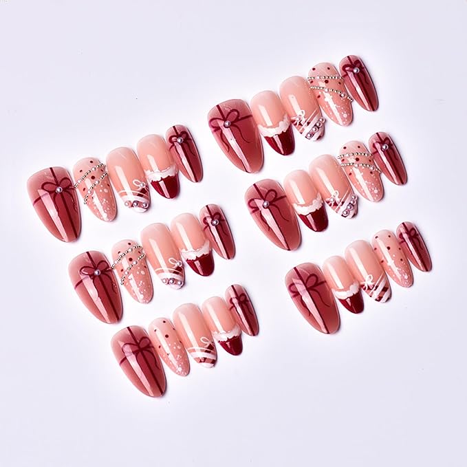 30pcs Christmas Press on Nails Medium Almond Fake Nails Valentine False Nails with 3d Pearl Rhinestones Designs Xmas Gift Full Cover Artificial Glue on Nails French Tip Acrylic Nail Supplies for Women