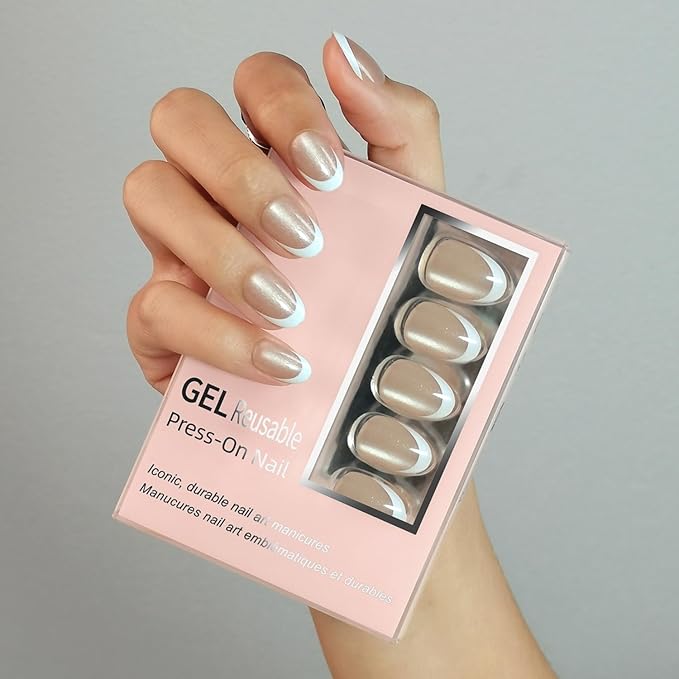 30 Pcs Cats Eyes Soft Gel Press on Nails White French Tip Fake Nails Short Almond Shaped False Nails Glitter Designs Full Cover Acrylic Nails with Glue Thickened Stick on Nails for Women Nail Art