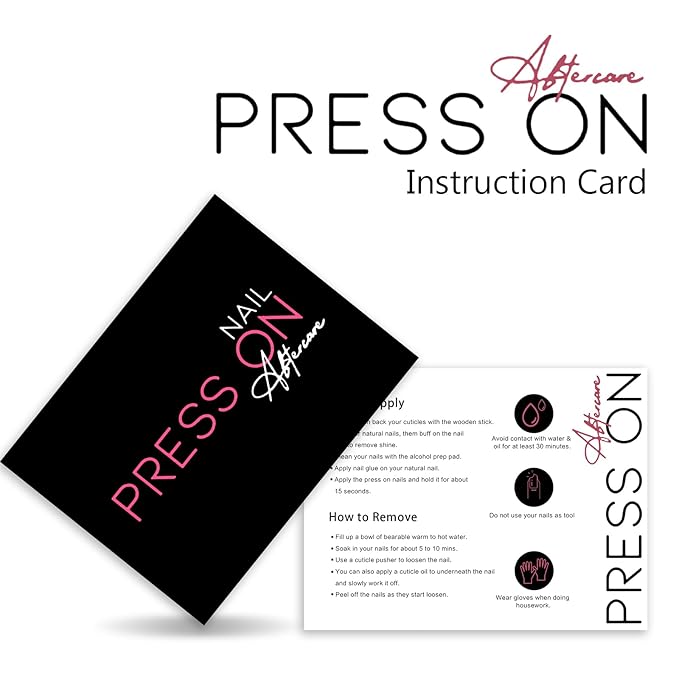 50 Pack Bebbtiy Press on Nail Instructions Cards, Application Guides, Aftercare Manicure Usage Business Supplies Card (Black-2)