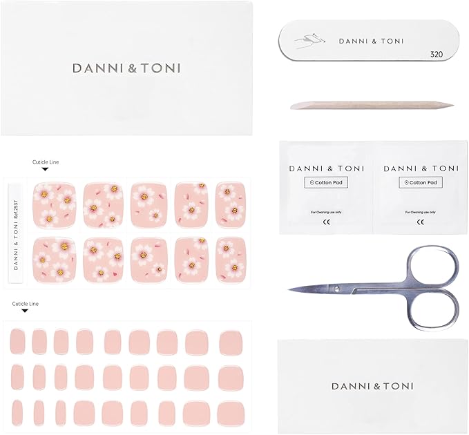 DANNI & TONI Semi Cured Gel Toenail Strips (Flowers) Nude Gel Toenail Stickers Petals Glazed Pedi 37 Stickers