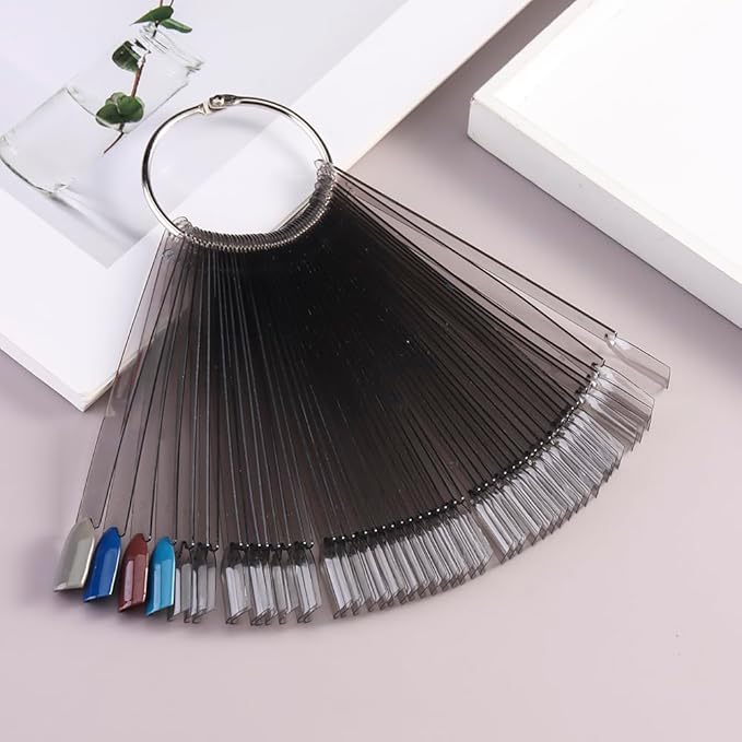 150 Pcs Nail Swatch Sticks with Metal Ring, Transparent Black Square Nail Tips for Nail Art Polish Practice Display, Acrylic False Nail Sample Sticks Nail tech Supplies for Home or Salon Use