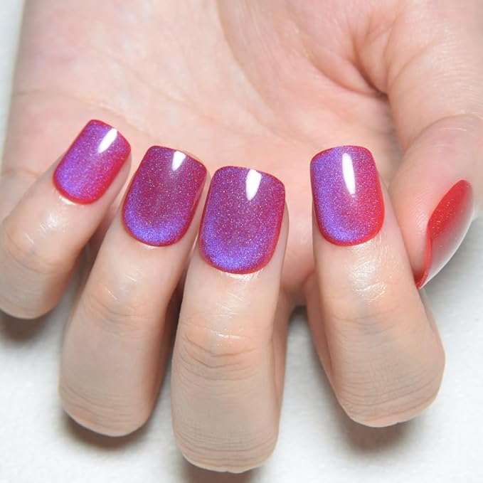 Blue Red Cat Eye Extra Short Press on Nails Square, Petite Short Square Stick on Nails for Women Gift, Purple Red Metallic Glitter Glossy Reusable Soft Gel Press on Acrylic Fake Nail with Designs