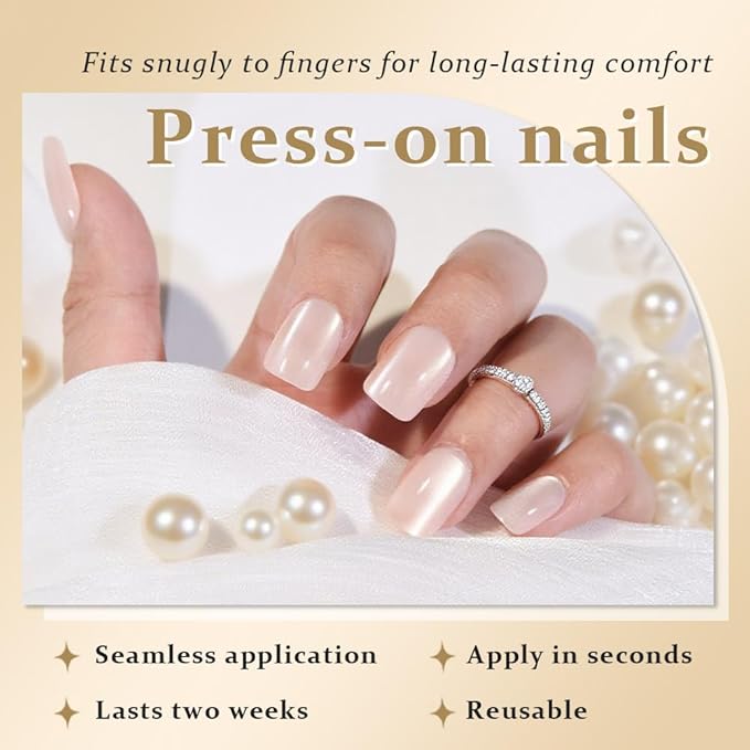 evpct Nude Cat Eye Short Press on Nails Square, Stick on Nails Short Square for Women Gift, Pearl White Metallic Glitter Glossy Reusable Spring Summer Soft Gel Press on Acrylic Fake Nail with Designs