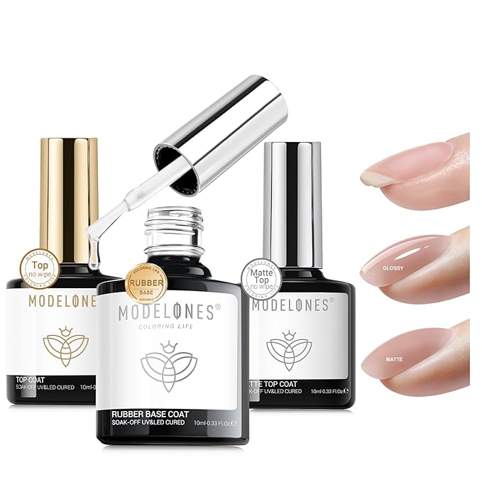 modelones Gel Nail Polish Top Base Coat Set, 3Pcs Rubber Base and Glossy Clear & Matte Gel Top Coat Chrome Proof No Wipe High Shine Nail Polish Soak Off U V LED Nail Art Home DIY Manicure Gift for Wom