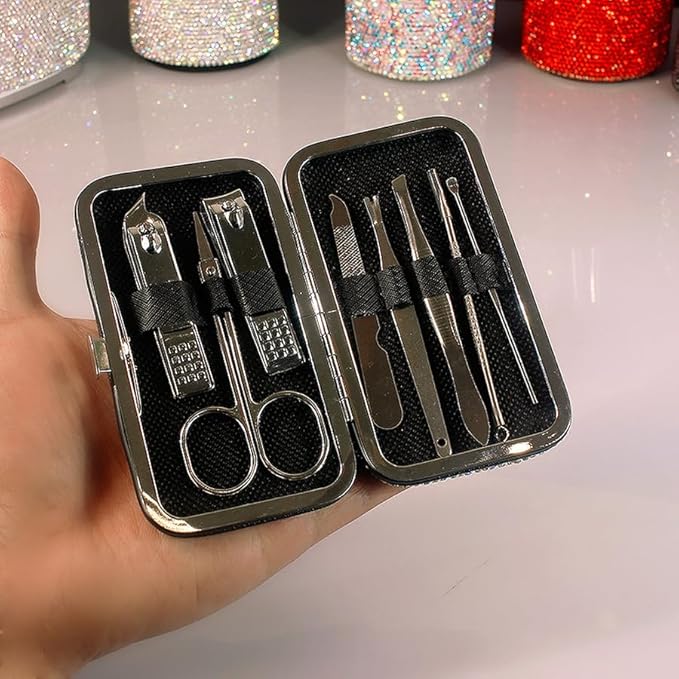 Bling Rhinestone Manicure Set Nail Clippers Pedicure Kit-8 Pieces,Stainless Steel Manicure Kit Pedicure Set Grooming Kits Nail Care Tools with Travel Case for Women Girls (Pink)