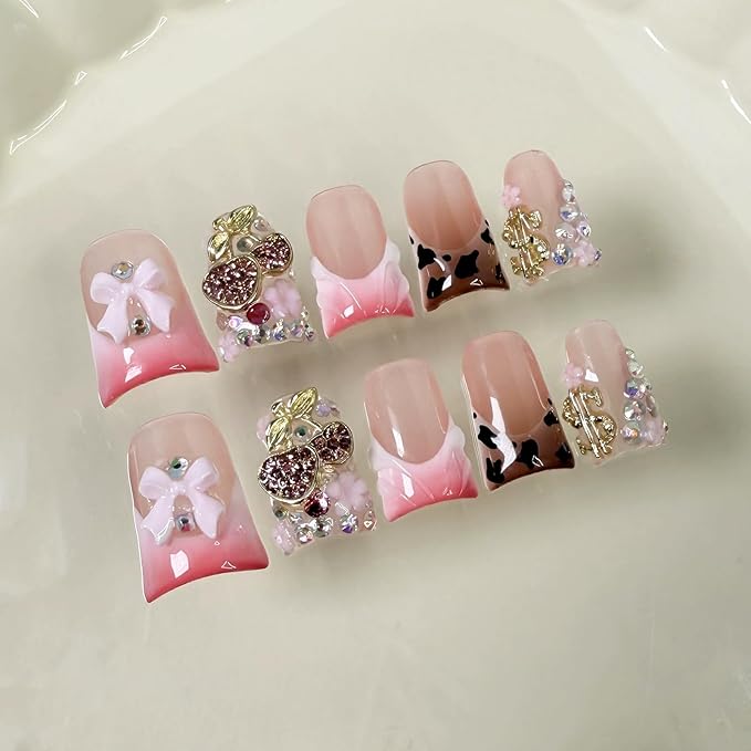 Handmade Press on Nails Short Fake Nails Duck False Nails 3D Cherry and Bow Pink French Tip Luxury Cute Artificial Nail for Women 10pcs (Size M）