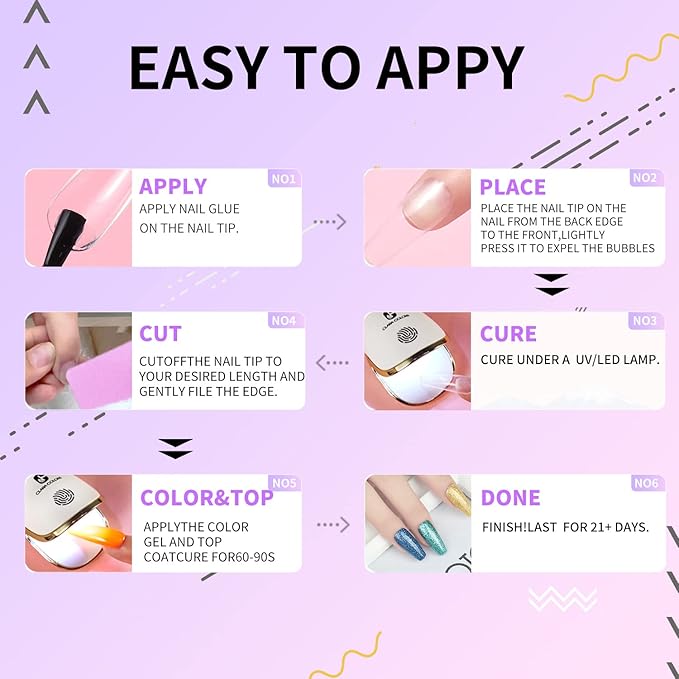 Clara Colors 550pcs Long Coffin Full Tip Coverage Clear Acrylic Artificial False Soft Gel Nail Tips Full Kit with Primer, Base Adhesive, Top Coat, UV Lamp, and Buffer