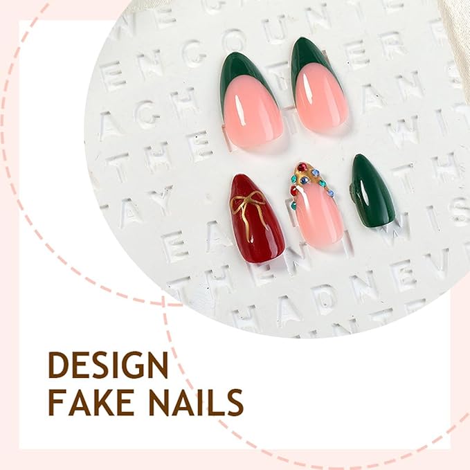 Christmas Press on Nails Short Almond Fake Nails Red Green Nails Press ons with Gold Bow,Gems Design Full Cover Stick on Nail for Women Holiday Manicure,Reusable | Nail Sticky Tab | Easy Apply | 24Pcs