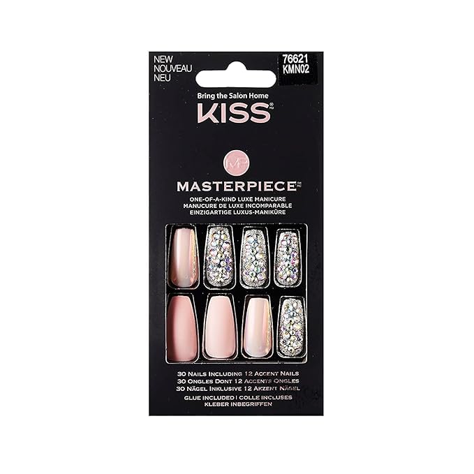KISS Masterpiece One-Of-A-Kind Luxe Manicure, Premium Acrylic Fake Nails with Pink Gel Nail Glue, Manicure Stick, Mini Nail File, & 30 Glue On Nails Including 12 Accent Nails