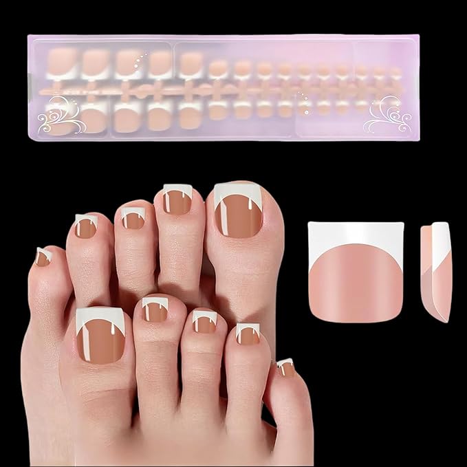 150pcs French Tip Press on Toenails Short Square, Brown Press On Nails White French Toe Nail Tips for Women, Soft Gel Fake Toe Nails, Acrylic Nails Soak off Nail Home DIY 15 Size