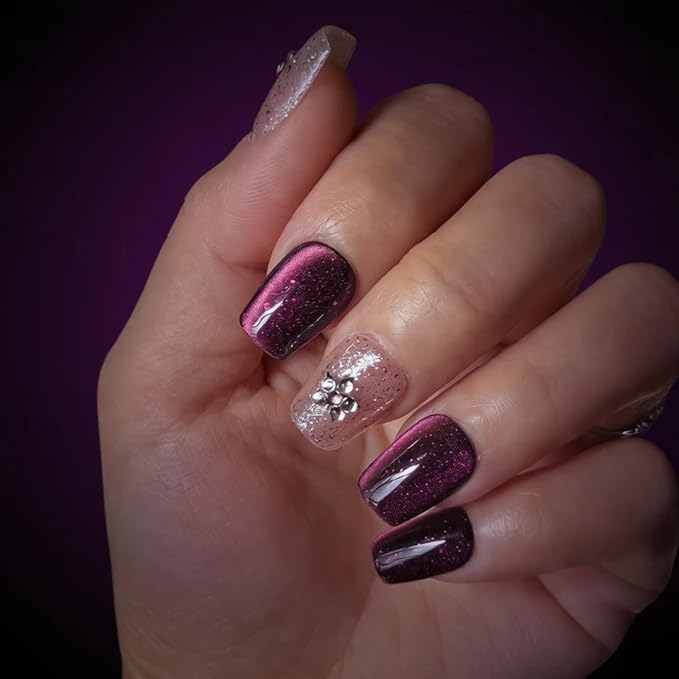 Neon Press on Nails Short Coffin, Handmade Acrylic Cat Eye Pink Purple Glitter Gradient with 3D Silver Stars & Rhinestone Flowers (Gemstone Starry Night,M)