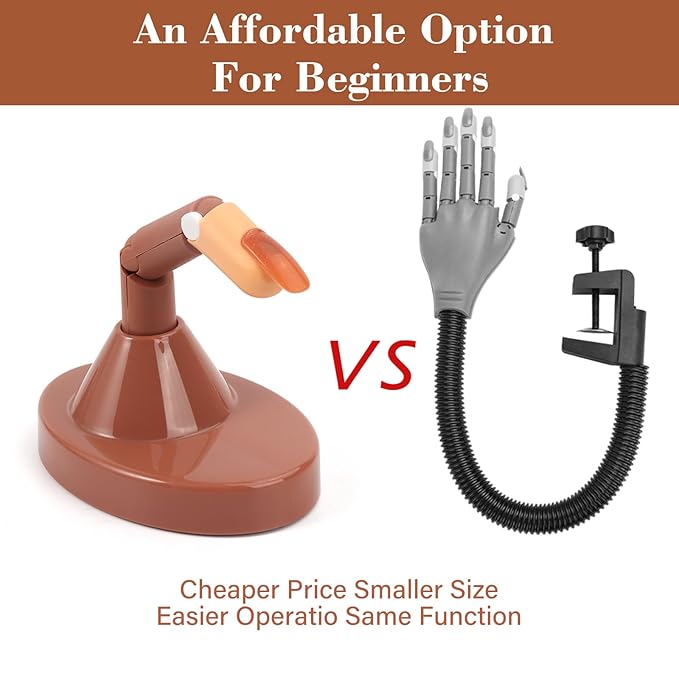 Practice Finger for Acrylic Nails, 1PC Adjustable Fake Mannequin Fingers with 1PC Acrylic Finger Base and 100PCS Brown Nail Tips, Movable Flexible Training Fake Finger Nail to Practice Nail Art