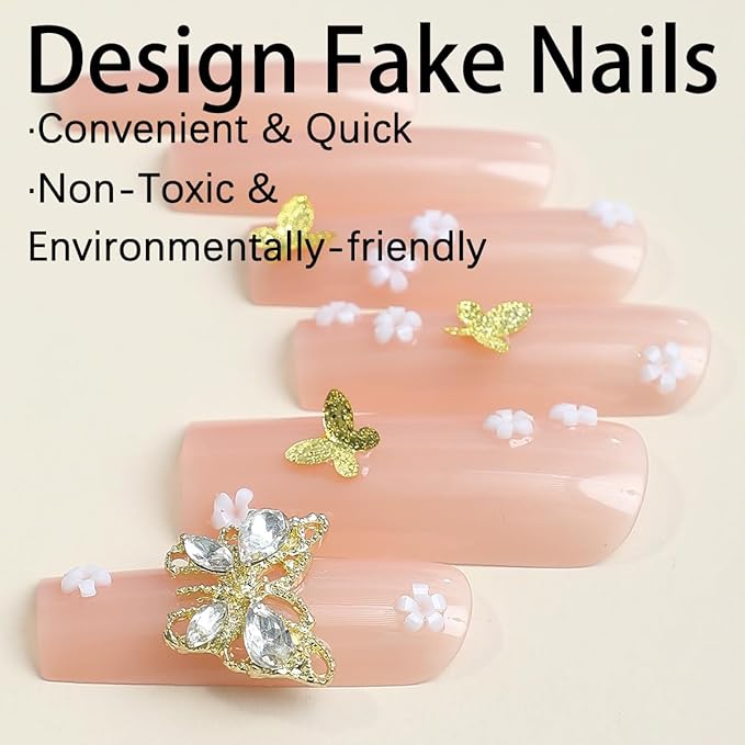 RTKHFZE Press on Nails Long Square Fake Nails Pink Acrylic Nails with Flower Rhinestones And 3D Butterfly Designs False Nails Full Cover Stick on Nail Glitter Artificial Nail for Women Manicure