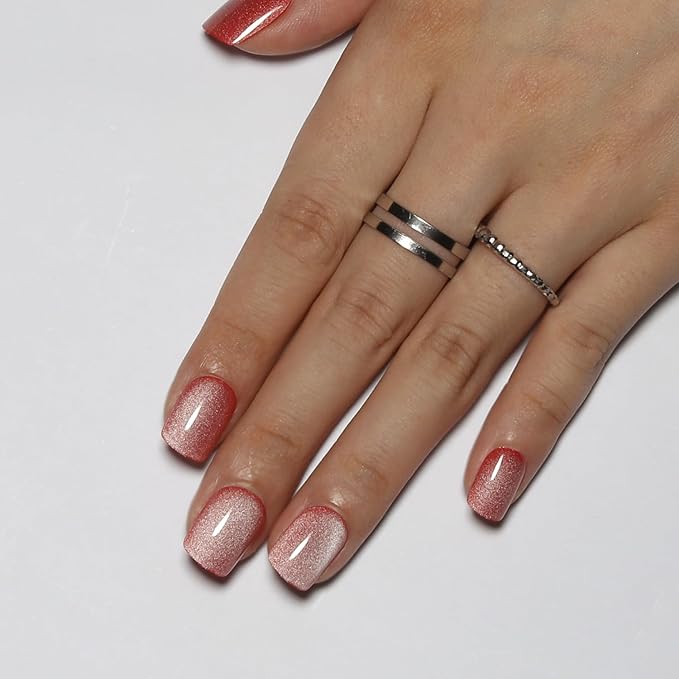 Cat Eye Press On Nails Short Square, Red Fake Nails with Dewy Gloss Red and White Gradient Effect, Glossy Gel Finish Acrylic Nails Press Ons Short,Natural Reusable Glue On Nails For Women, Jelly Rouge