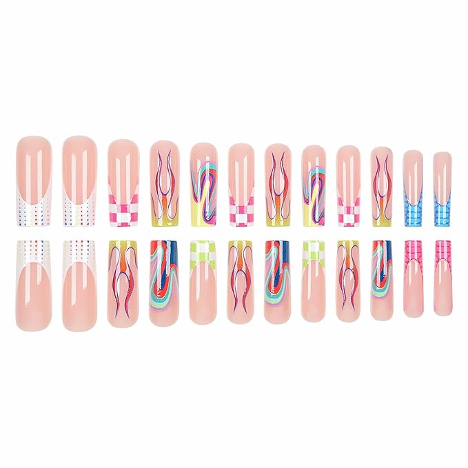 MISUD Press on Nails - Long Square Glue on Nails with Colorful Plaid, Acrylic Checkered Flame Design 24 pcs
