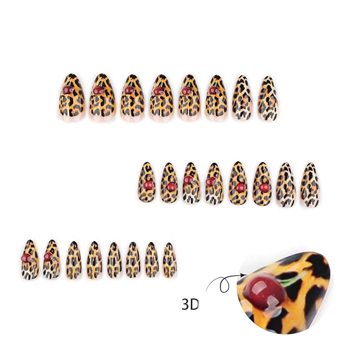 Leopard Press on Nails Short Almond Fake Nails Yellow Nails Press ons with Leopard Print & Cherry Designs Glossy Acrylic Full Cover Stick on Nail for Women Girls Manicure 24Pcs