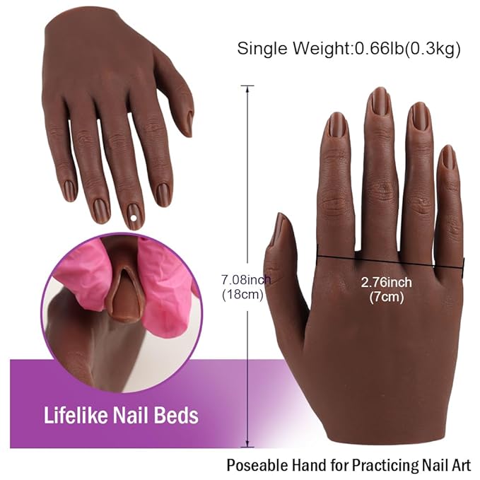 Practice Hand for Acrylic Nails Silicone Female Mannequin Life Size Hand with Insertable Nails for Nail Art Beginners/Nail Salon Artists Single Hand Color 6#