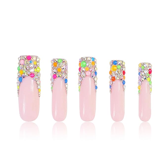 LOVFUL Press on Nails Jelly Beans | Handmade with Full Covered Crystals | Reusable Fake Nails | Square Mid length 1.7in | H125-L